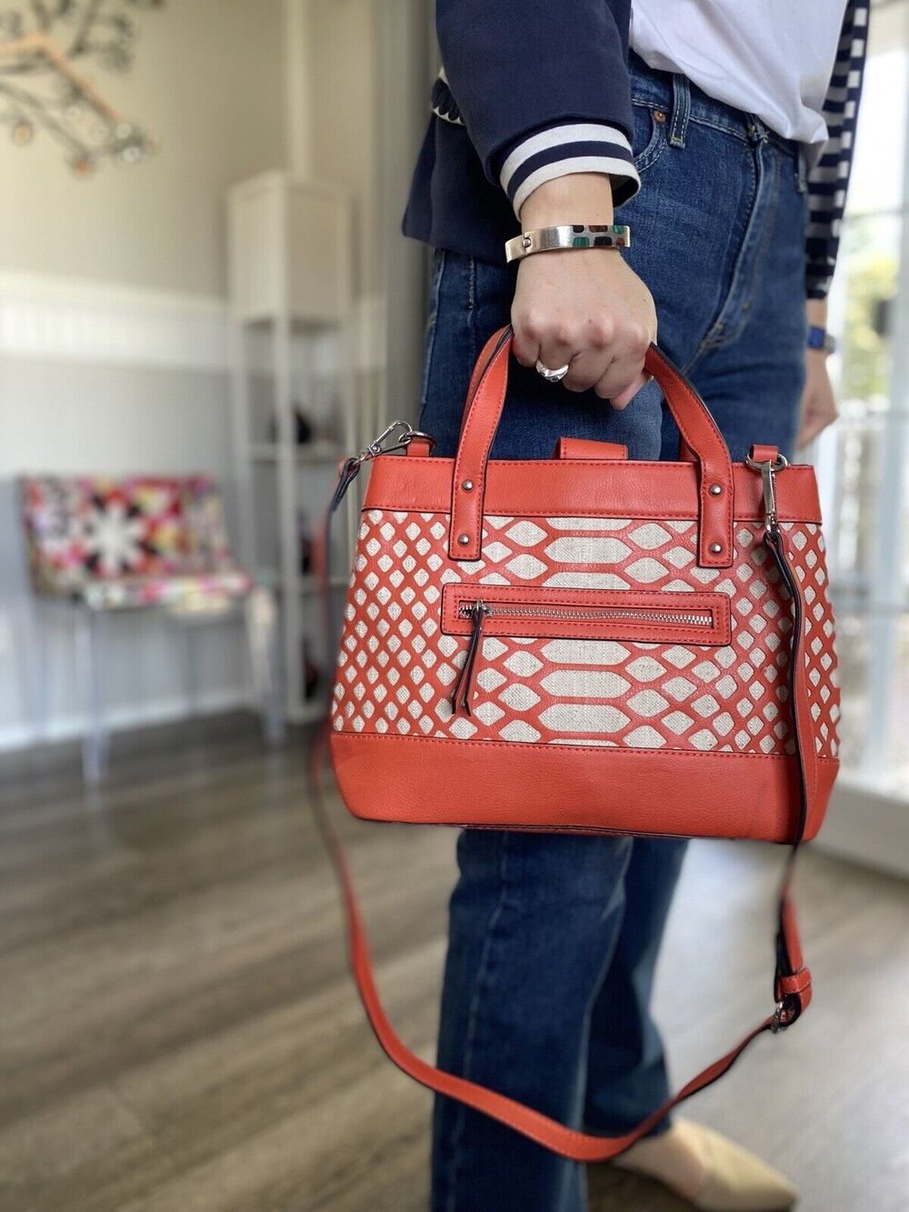 JOE's Jeans, Addison Laser-Cut Crossbody Canvas Faux Leather Satchel Coral bag